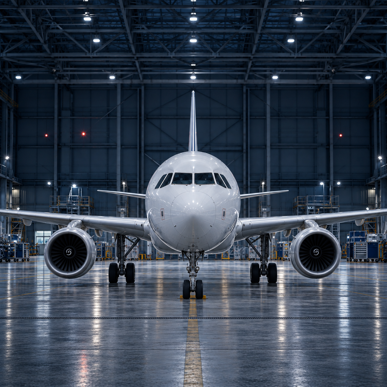 Illustration d’un avion de ligne vu de face dans un hangar